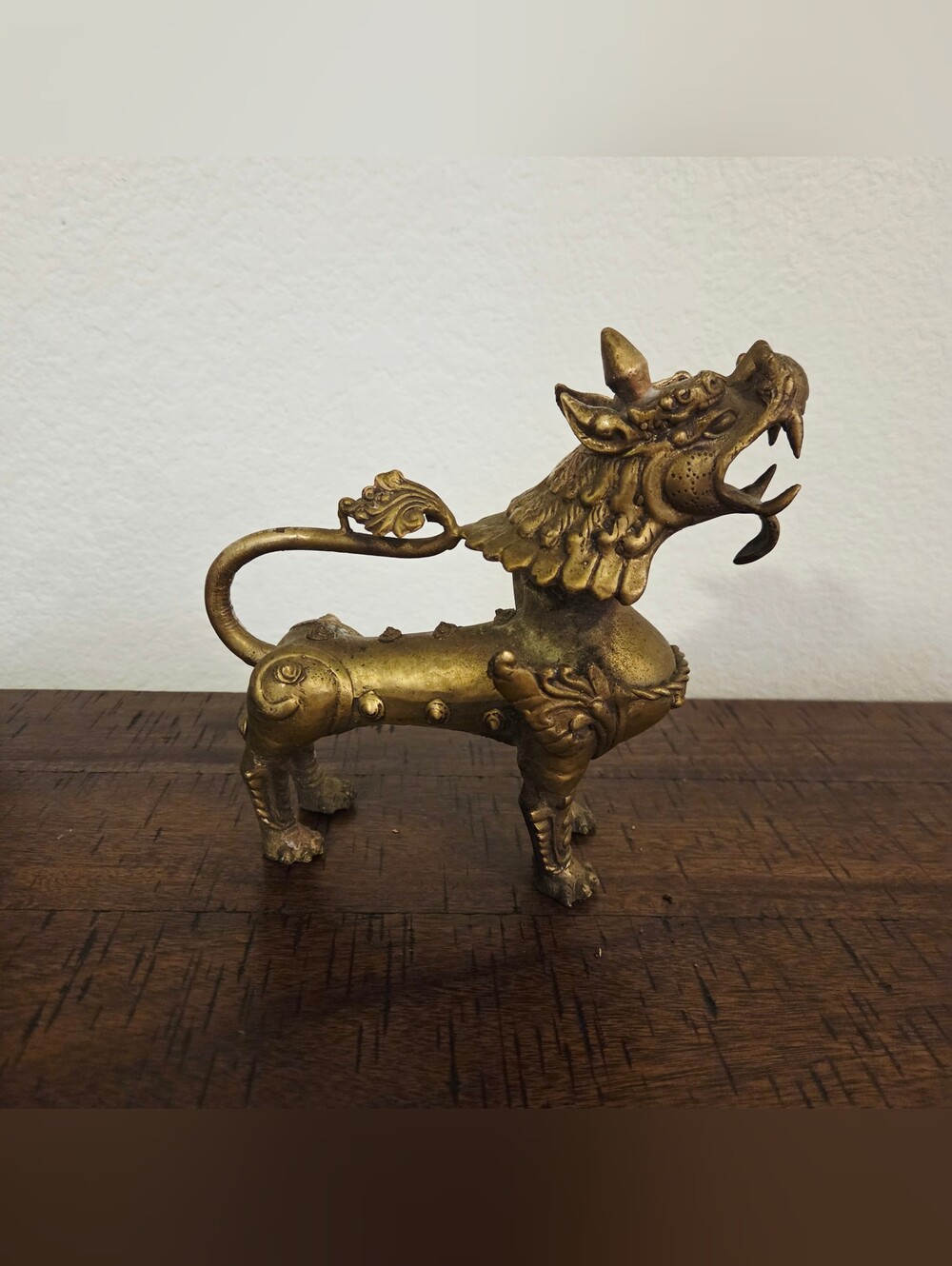 Antique Brass Qilin Dragon Lion Statue Figure Bronze Tone Mythical Sculpture 6in